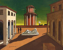 Giorgio de Chirico, Piazza d'Italia con Arianna, um 1960, 40x50,2 cm, Öl auf Leinwand, Sammlung Klewan, Foto Archiv Helmut Klewan, München, © VG Bild-Kunst Bonn 2024